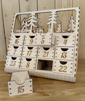 Holz Adventskalender mit Weihnachtslandschaft